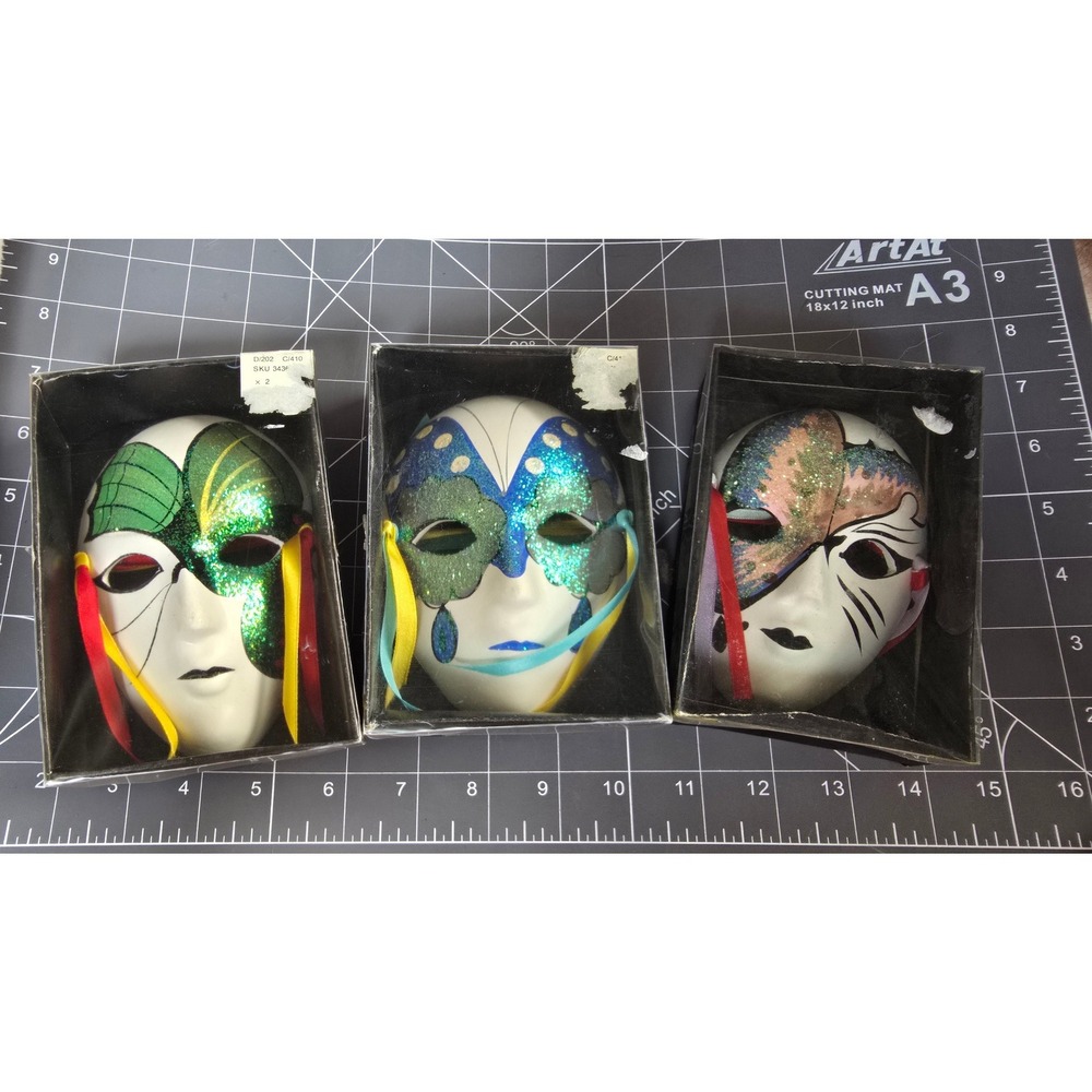 Vintage FW Woolworth Ceramic Harlequin Masks Set of 3 Glitter Hand Painted 4"
